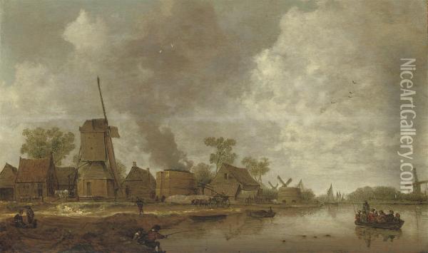 A River Landscape With Figures Near A Windmill And Lime Kilns Oil Painting - Jan Coelenbier