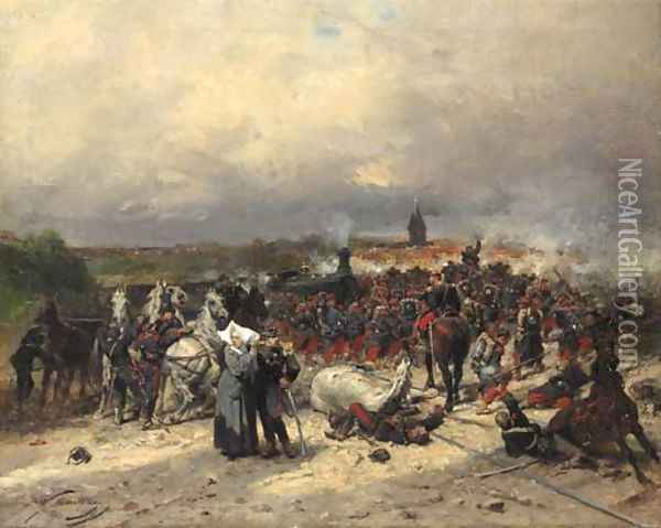 French soldiers on the attack a scene from the Franco-Prusian war Oil Painting - Wilfred Constant Beauquesne