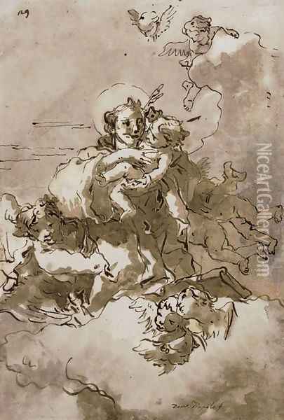 Saint Anthony and the Christ Child with angels and putti Oil Painting - Giovanni Domenico Tiepolo