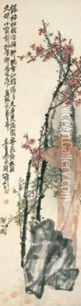 Green And Red Plum Blossom Oil Painting - Wu Changshuo