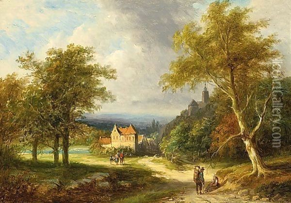 Travellers In A Summer Landscape, A Village In The Distance Oil Painting - Jan Evert Morel