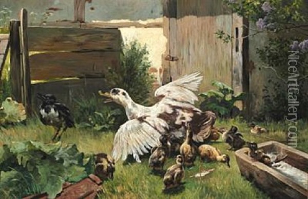 In The Duck Pen. Mother Duck Shields Her Ducklings Against Invading Crow Oil Painting - Simon Simonsen