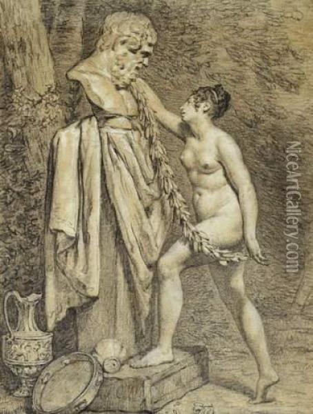 Une Vestale Couronnant Une Statue De Bacchus Oil Painting - Pierre Claude Fr. Delorme