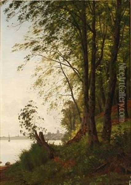 View From A Danish Fjord At The Edge Of A Forest Oil Painting - Vilhelm Groth
