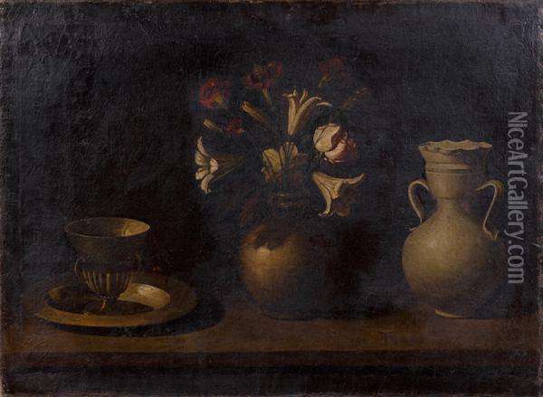 Nature Morte Au Bouquet De Fleurs Et Aux Pots De Gres Sur Un Entablement Oil Painting - Francisco De Zurbaran