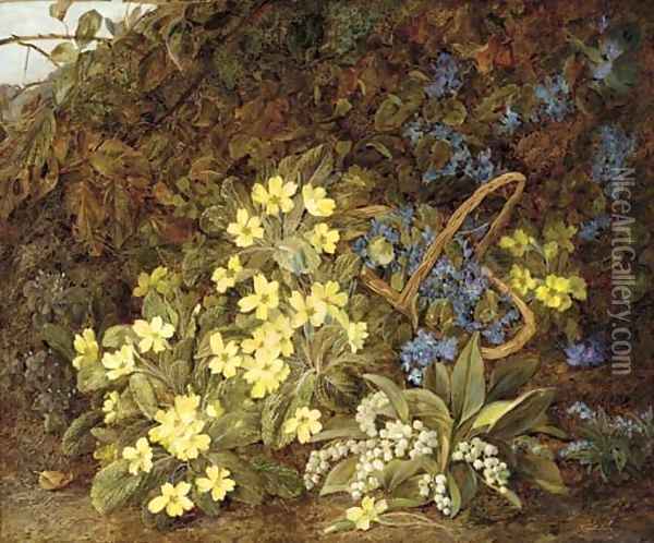 Lilies of the valley, primulas, forget-me-nots and violets on a mossy bank Oil Painting - Vincent Clare