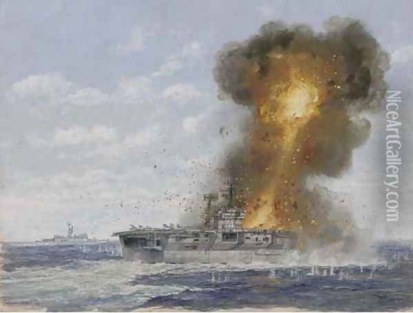 The U.S. aircraft carrier Radnich under enemy fire Oil Painting - English School