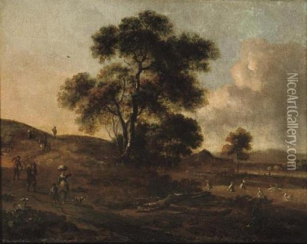 A Dune Landscape With Travellers On A Track, Peasants Harvesting Hay Nearby Oil Painting - Jan Wijnants