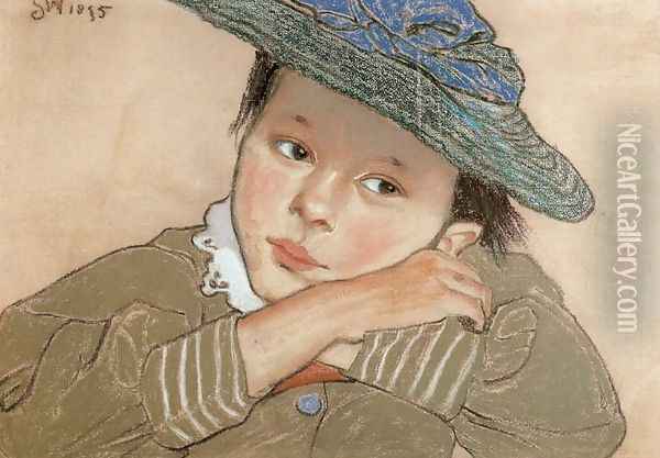Girl in a Blue Hat Oil Painting - Stanislaw Wyspianski