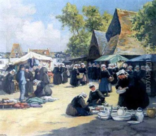 Marche Aux Faiences Devant Les Halles Du Faouet Oil Painting - Henri Alphonse Barnoin