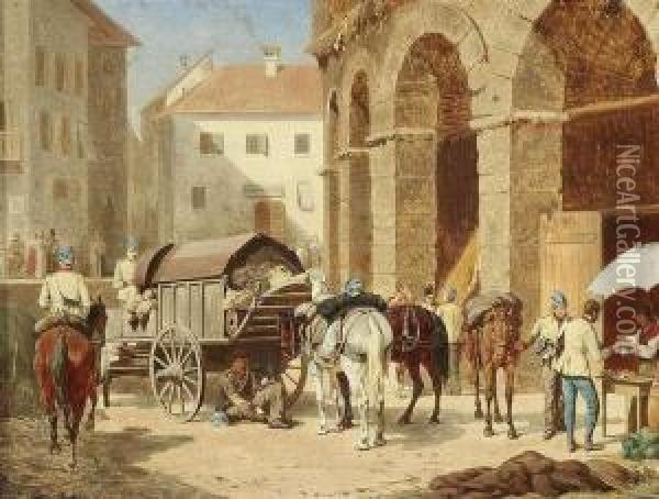 Resting Soldiersin Front Of The Arena At Verona In Italy Oil Painting - Franz Quaglio
