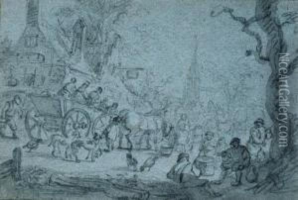 A Horse-drawn Cart With 
Travellers In A Village, Peasants Drinkingby A Tree, A Church Beyond 
(recto); Study Of Two Figures On A Cart(verso) Oil Painting - Barent Gael