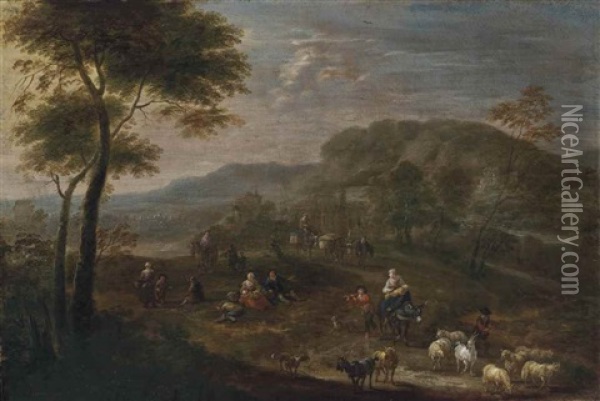 A Wooded Landscape With A Shepherd And Its Flock And Travellers On A Path Oil Painting - Mathys Schoevaerdts