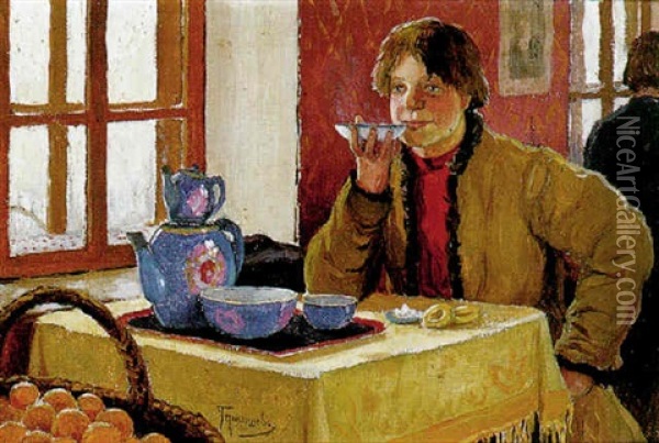 Teetrinkender Bauernknabe Oil Painting - Mikhail Markianovich Germanshev