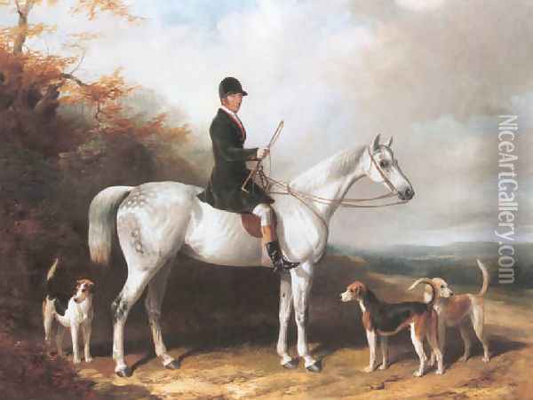 William Long, huntsman to the Beaufort, on his grey hunter 'Bertha' with three hounds 1847 Oil Painting - William Barraud