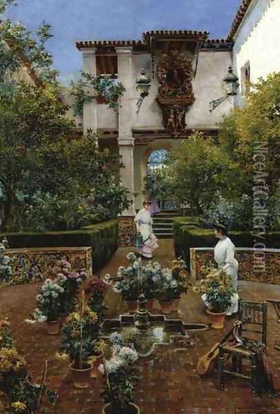 Courtyard in Seville (Un patio Sevillano) Oil Painting - Manuel Garcia y Rodriguez