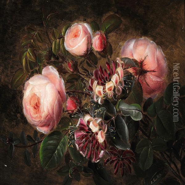 Growing Pink Roses And Honeysuckles Oil Painting - Johan Laurentz Jensen