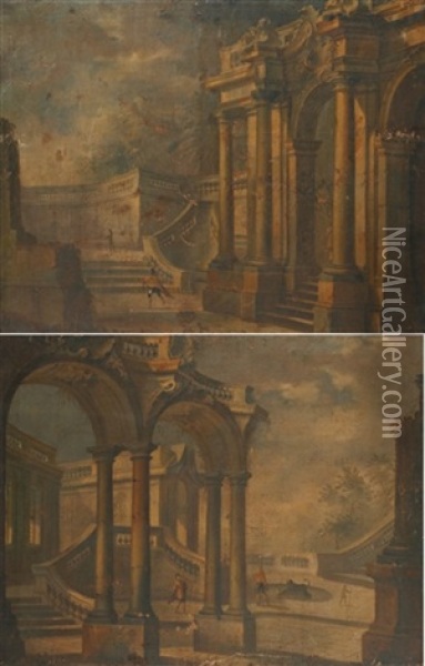 Caprices Architecturaux (+ Another; Pair) Oil Painting - Jacques de Lajoue