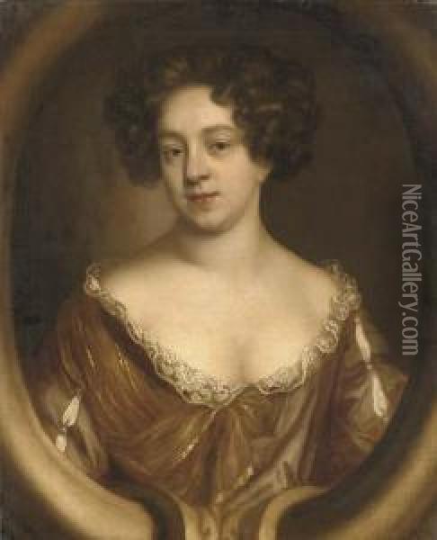 Portrait Of A Lady, Half-length,
 In A Brown Dress Trimmed With Lace, In A Sculpted Cartouche Oil Painting - Mary Beale