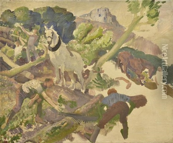 Men Cutting Trees Sketch Oil Painting - George Washington Lambert