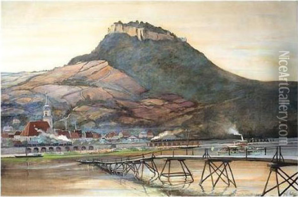 A Rhineland View, Signed And 
Dated 1917, Watercolour Heightened With White, 67 X 97 Cm.; 26 1/2 X 38 
In Oil Painting - Fritz Erler
