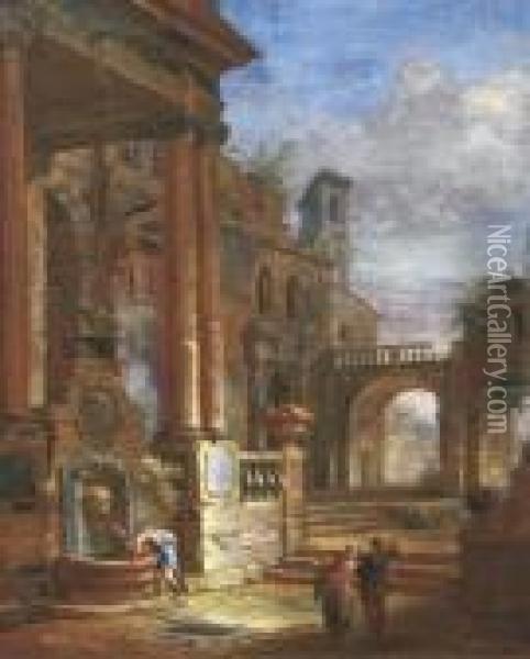 An Architectural Capriccio With Figures By A Fountain In A Square Oil Painting - Giovanni Niccolo Servandoni