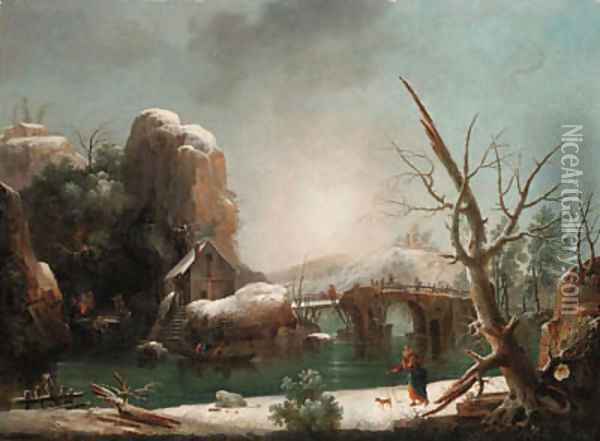 A mountainous winter landscape with peasants on a barge Oil Painting - Francesco Foschi