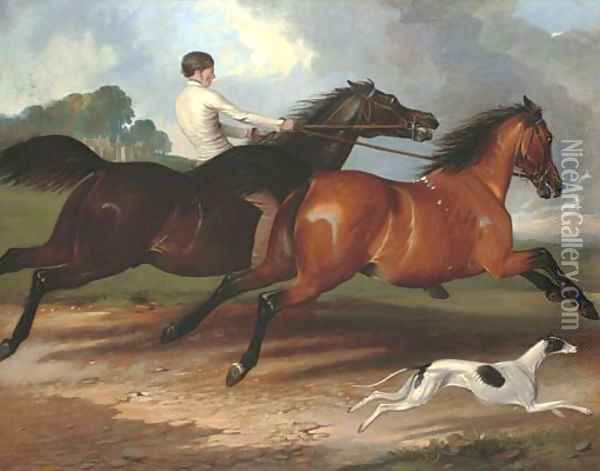 A young man exercising horses and a greyhound in a landscape, a country house beyond Oil Painting - Alfred Dedreux