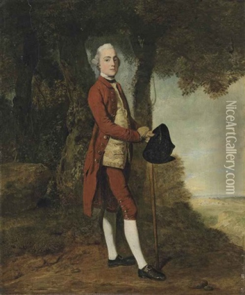 Portrait Of A Gentleman, Traditionally Identified As A Member Of The Stanley Family, Full-length, In A Red Coat And Breaches, A Yellow Single-breasted... Oil Painting - John Hamilton Mortimer