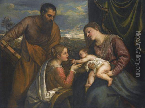 A Sacra Conversazione Oil Painting - Tiziano Vecellio (Titian)