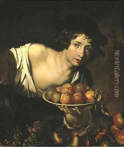 A young boy holding a plate of apples Oil Painting - Niccolo Renieri (see Regnier, Nicolas)