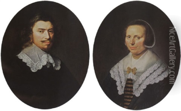 A Portrait Of Simon Elsevier Wearing A Black Coat With A Lace Collar Oil Painting - Abraham de Vries