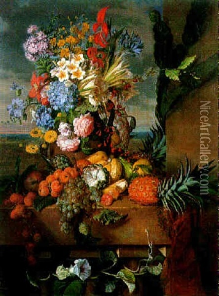 Nature Morte De Fleurs, Fruits Et Legumes Oil Painting - Elise Bruyere