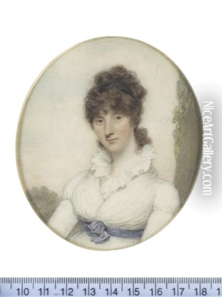 A Lady, Seated Before A Landscape Vista, Wearing White Dress With Frilled Neckline And Blue Sash Tied At Her Waist, Her Brown Hair Partially Upswept And Secured With A Black Bandeau Oil Painting - Richard Collins