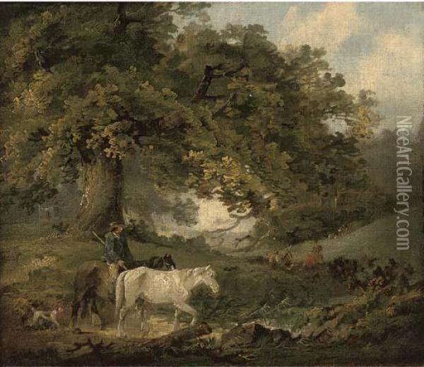 A Countryman And Horses In A Wood Oil Painting - George Morland