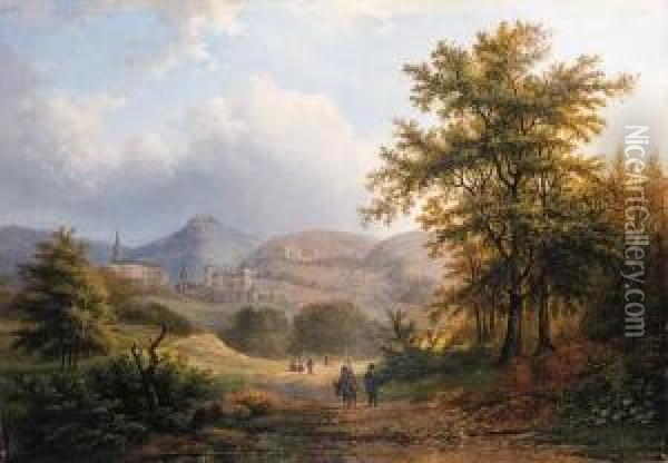 A Mountainous Woodland With The Kurhaus, Cleves, In The Distance; Awooded River Landscape At Dusk Oil Painting - Hermanus Everhardus Rademaker