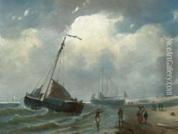 Fishing Boats On The Coast. Oil Painting - Petrus Paulus Schiedges