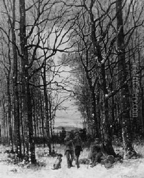 Rastende Jager Mit Hunden Im Winterwald Oil Painting - August (Gerhard A.) Schneider