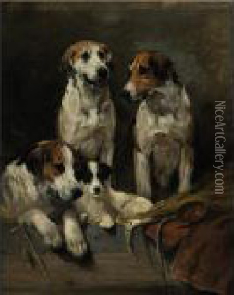 Three Hounds With A Terrier Oil Painting - John Emms