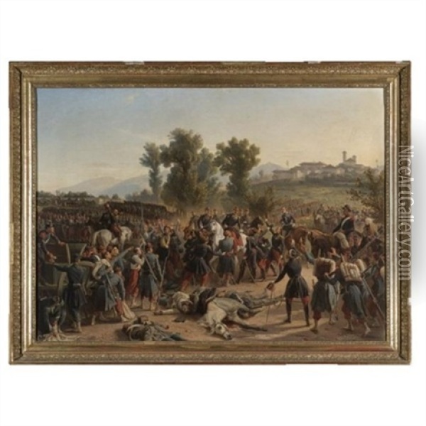 Troops Praising General Forey After Their Victory At The Battle Of Montebello On 20 May 1859 Oil Painting - Henri Felix Emmanuel Philippoteaux