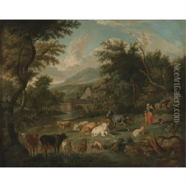 Pastoral Landscape With Watering Cattle And A Town In A Distance Oil Painting - Johann Heinrich Roos