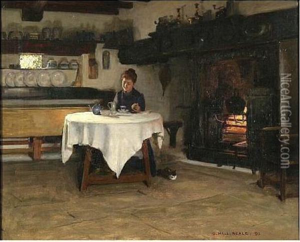 Cottage Interior With Woman Taking Tea Oil Painting - George Hall Neale