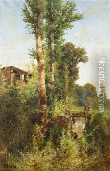 Children On Bridge In A Landscape Oil Painting - Jose Armet Portanel