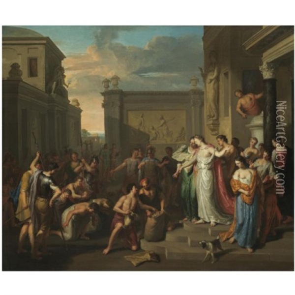 A Mythological Scene With Prisoners Kneeling Before A Queen Oil Painting - Gerard Hoet the Elder