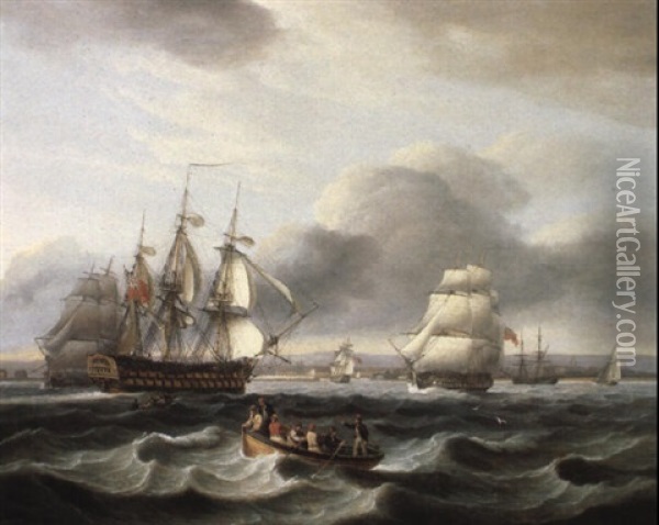 British Men Of War And Other Shipping Off Portsmouth Harbour Oil Painting - Thomas Luny
