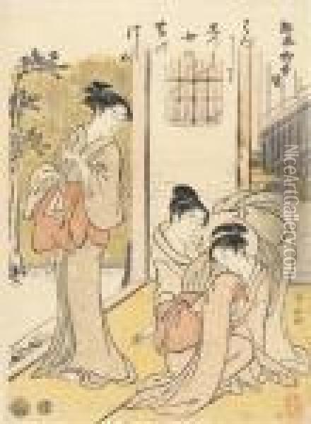 Three Ladies In An Interior Oil Painting - Torii Kiyonaga