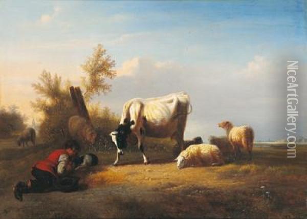 Schafe Und Kuh Auf Der Weide Mit Schlafenden Schafer Oil Painting - Pierre Emmanuel Ii Dielmann