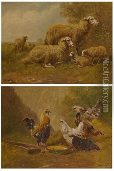 Moutons (+coq Et Poules; 2 Works) Oil Painting - Paul Schouten