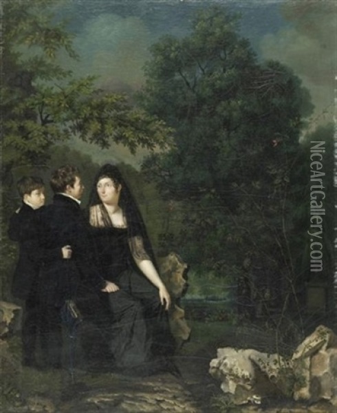 Portrait D'une Femme En Noir Avec Ses Deux Fils Oil Painting - Robert Jacques Francois Faust Lefevre