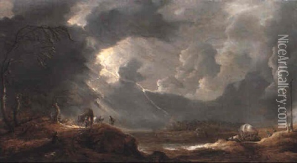 Stormy Landscape With Carts And Drovers Oil Painting - Bonaventura Peeters the Elder